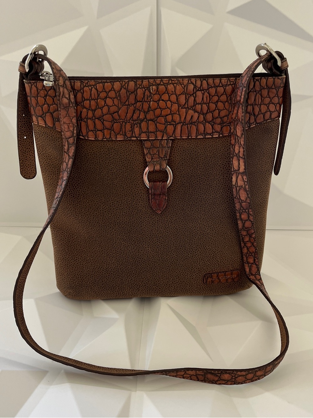 Jack Georges Textured Brown Leather Serena Crossbody With Croc-Trim Flap